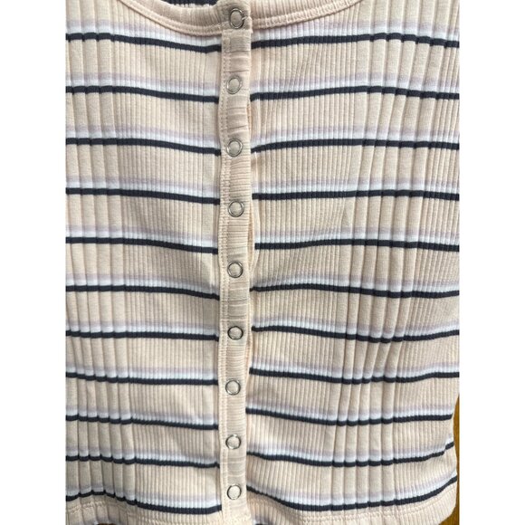 Striped Ribbed Button-Front Short Sleeve Crop Top XS By So Beige/Black - Picture 5 of 6